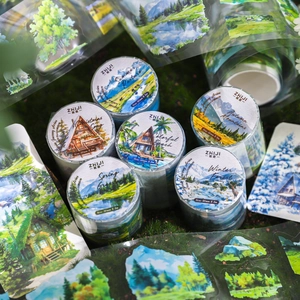 Landscape decorative PET tape set with nature scenery illustrations for journaling