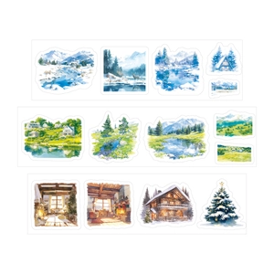 Watercolor natural scenery PET stickers with winter mountains and forest cabin patterns