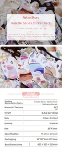 Macro detail of PET vintage palette stickers with dimensions and packaging specifications