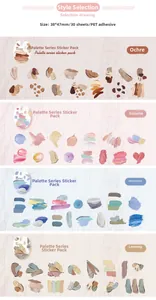 Macro detail of palette style PET stickers for DIY scrapbooking featuring oil painting brushstrokes