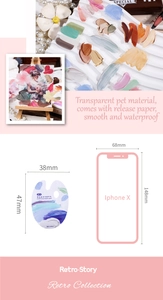 Detailed view of waterproof PET oil painting stickers with size comparison to a phone