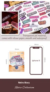 Detail von Vintage PET-Wortaufklebern mit iPhone X-Größenvergleich und wasserfester Textur