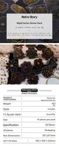 Macro detail of PET floral stickers from the Night Shade series with retro dark floral motifs
