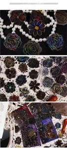 Detail of Retro Story Night Flower stickers with laser holographic finish and black borders