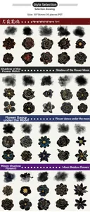 Detailed catalog of black and gold PET floral stickers featuring 4 dark gothic themes
