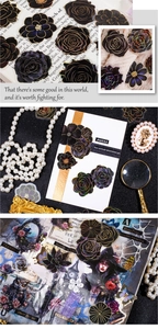 Detailed macro view of dark rose and flower stickers with gold foil and gothic aesthetics