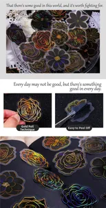 Detail of holographic gold foil floral stickers with PET waterproof material for journaling
