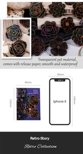 Macro detail of retro floral PET stickers with laser outlines and waterproof texture