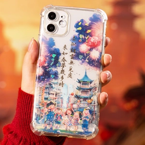 Funda transparente antigolpes con ilustración de estilo chino y fuegos artificiales