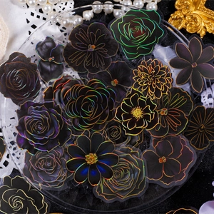 Retro black laser floral stickers with holographic effects for DIY scrapbooking decoration