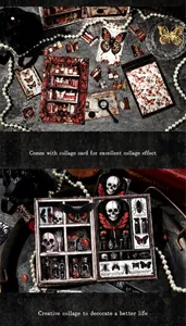 Macro view of vintage Gothic collage stickers with butterfly and skull patterns