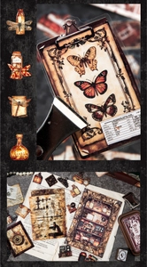 Macro shot of vintage butterfly stickers and scientific elements for scrapbooking