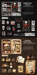 Macro detail of vintage PET scrapbooking stickers featuring skulls and antique instruments