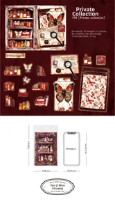 Macro detail of vintage PET scrapbook stickers featuring butterflies and antique elements