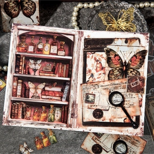 Retro scrapbook papers with vintage elements like butterflies and old bottles