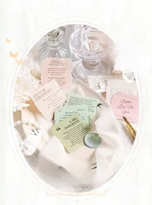 Detail view of Thoughts Letter vintage scrapbooking paper with elegant pearl and pen accents