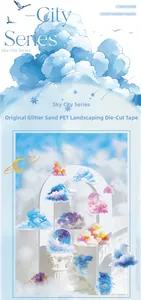 Detail of glitter PET landscape tape showing sky-themed die-cut clouds and stars sticker art