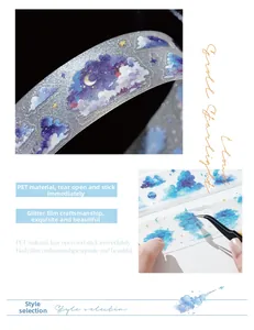 Macro detail of PET decorative tape with blue cloud sky theme and glitter film finish