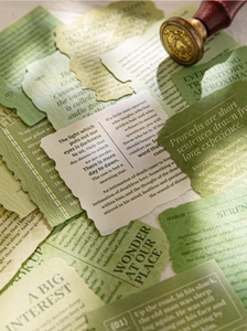 Detail of vintage English literary scrapbooking paper with torn edges and seal