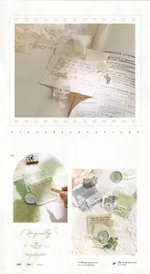 Close-up of vintage aesthetic scrapbooking paper with literary excerpts and floral tags