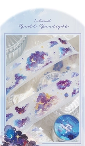 Detail of blue purple cloud and star patterns on PET decorative tape for journaling