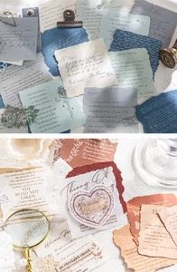 Close-up of vintage Morandi-toned scrapbook paper with English poems and torn edges