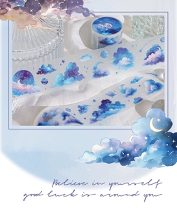 Detailed view of Starry Cloud Dream watercolor PET tape with blue clouds and stars