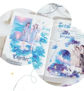 Detail of dreamlike sky-themed PET tape featuring anime girls and silver foil accents