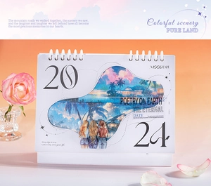 Calendrier de bureau 2024 artistique avec illustration de coucher de soleil et fleurs