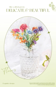 Detailed view of colorful PET floral stickers with carnations in a glass bottle