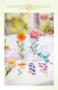 Detailed close-up of decorative transparent flower stickers with realistic floral designs