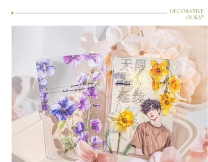 Detail of floral PET stickers with purple flower and yellow daffodil acrylic card holders