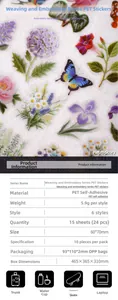Detailed specs for PET floral stickers showing embroidery textures and hydrangea patterns
