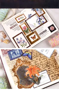 Detail of vintage gold-stamped stickers featuring butterflies and floral frames for scrapbooks