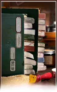 Détail d'autocollants d'index vintage avec motifs botaniques sur un vieux livre vert