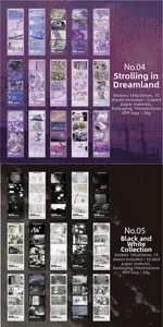 Detalle de 15 pegatinas de paisajes vintage en temas violeta y blanco y negro