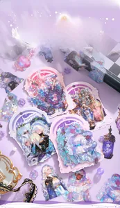 Macro view of 20Pcs shell-light PET stickers with dreamy character and magic bottle themes