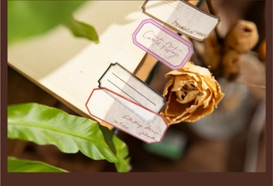 Détail de stickers décoratifs rétro sur papier de vieux livre avec des roses séchées