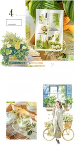 Detailed view of matte PET tape with green plants and vintage forest girl illustrations