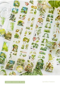 Detail of botanical PET tape with hand-drawn green plants and forest lifestyle motifs