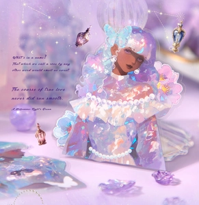 Iridescent iridescent stickers showing fantasy girl character in a mystical purple theme