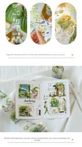 Macro detail of PET green plant stickers showing waterproof texture and DIY usage