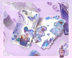 Macro detail of Sanctuary Light sticker pack featuring laser iridescent butterfly designs