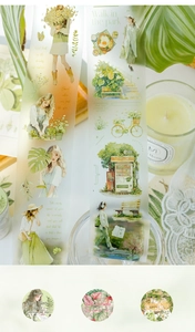 Detail of PET tape featuring delicate botanical illustrations and figures from Green Oxygen Plan