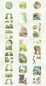 Detailed botanical watercolor PET tape designs featuring garden and life scenes for journaling