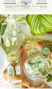 Macro shot of PET transparent garden tape with floral illustrations and matte texture