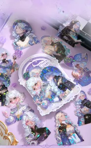Detailed view of Sanctuary Light stickers featuring purple anime girl motifs and 20 laser pieces