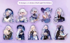 Macro shot of shell-light PET stickers featuring magical anime girls and stardust themes