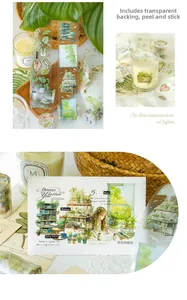 Detail of PET stickers featuring green plants and illustrations with clear backing paper