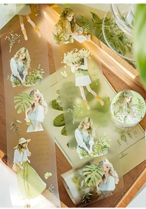Detail of PET decorative tape featuring botanical green plants and forest girl illustrations